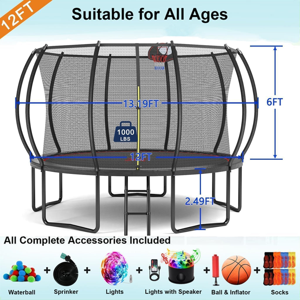 1500LBS 10FT 12FT 14FT 15FT 16FT Trampoline with LED Lights, Sprinkler, Music Speaker and Socks, ASTM Approved Outdoor Trampoline for Kids and Adults, Backyard Trampolines with Net Enclosure