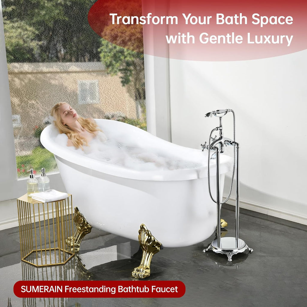 SUMERAIN Waterfall Freestanding Bathtub Faucet with Hand Shower, Antique High Flow Floor Mount Tub Filler Solid Brass, Chrome Finish