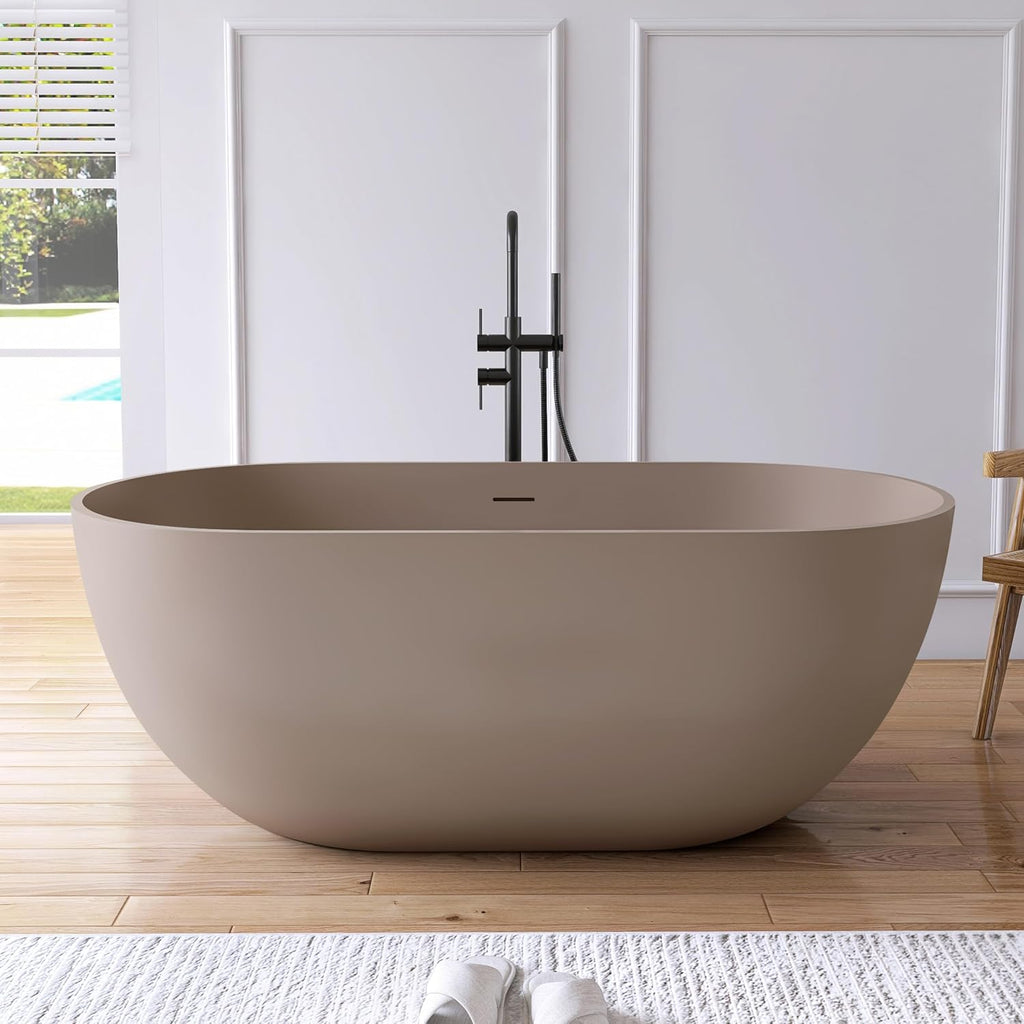 59' Freestanding Bathtub Tubs Resin Stone, Solid Surface Free Standing Tub, Oval Sorker Tub Bathtubs with Overflow and Pop up Drain, Brown