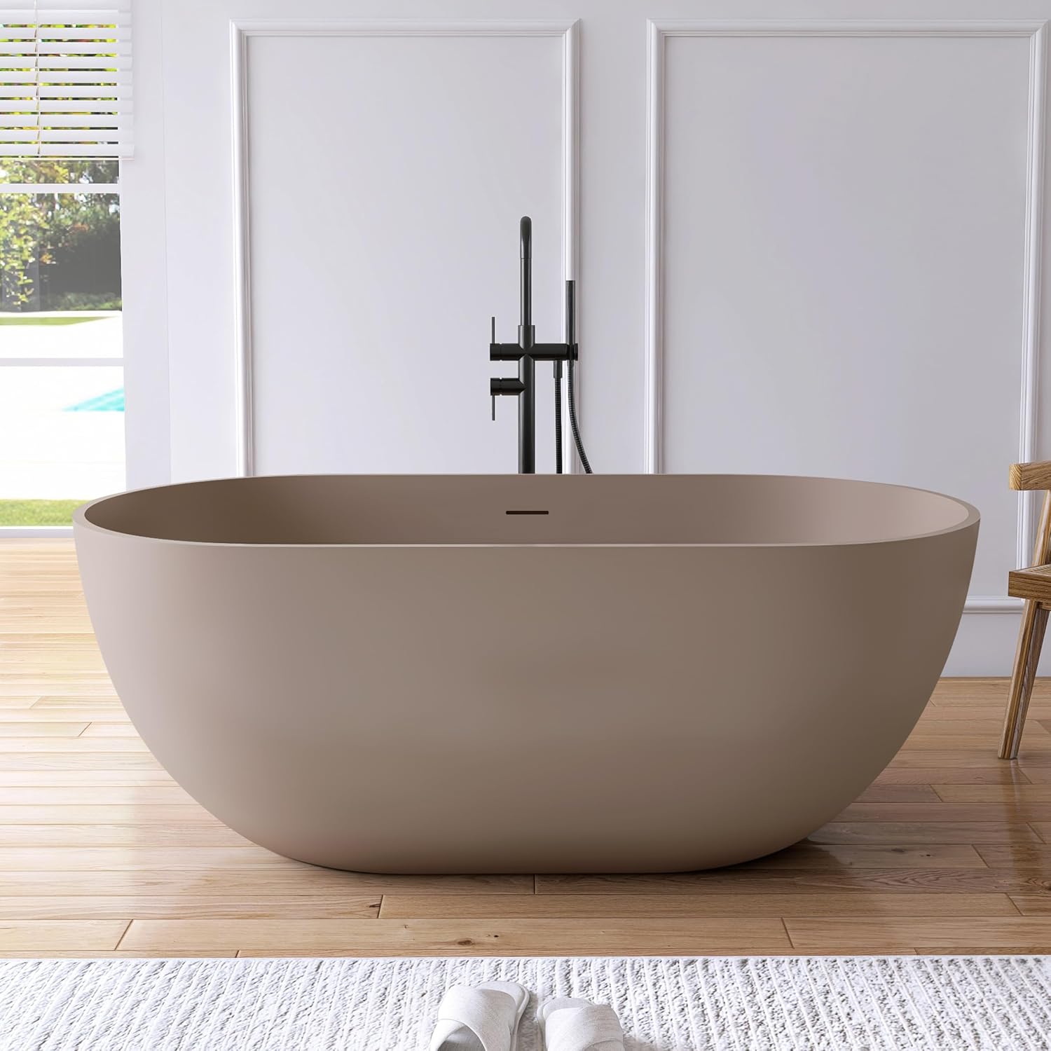 59' Freestanding Bathtub Tubs Resin Stone, Solid Surface Free Standing Tub, Oval Sorker Tub Bathtubs with Overflow and Pop up Drain, Brown