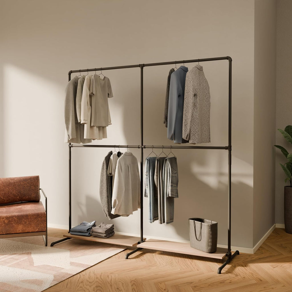 pamo Industrial Pipe Clothing Rack with Oak Shelf – 76' W x 76' H – Freestanding Metal Garment Rack for Bedroom, Walk-In Closet & Retail
