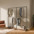 pamo Industrial Pipe Clothing Rack with Oak Shelf – 76' W x 76' H – Freestanding Metal Garment Rack for Bedroom, Walk-In Closet & Retail