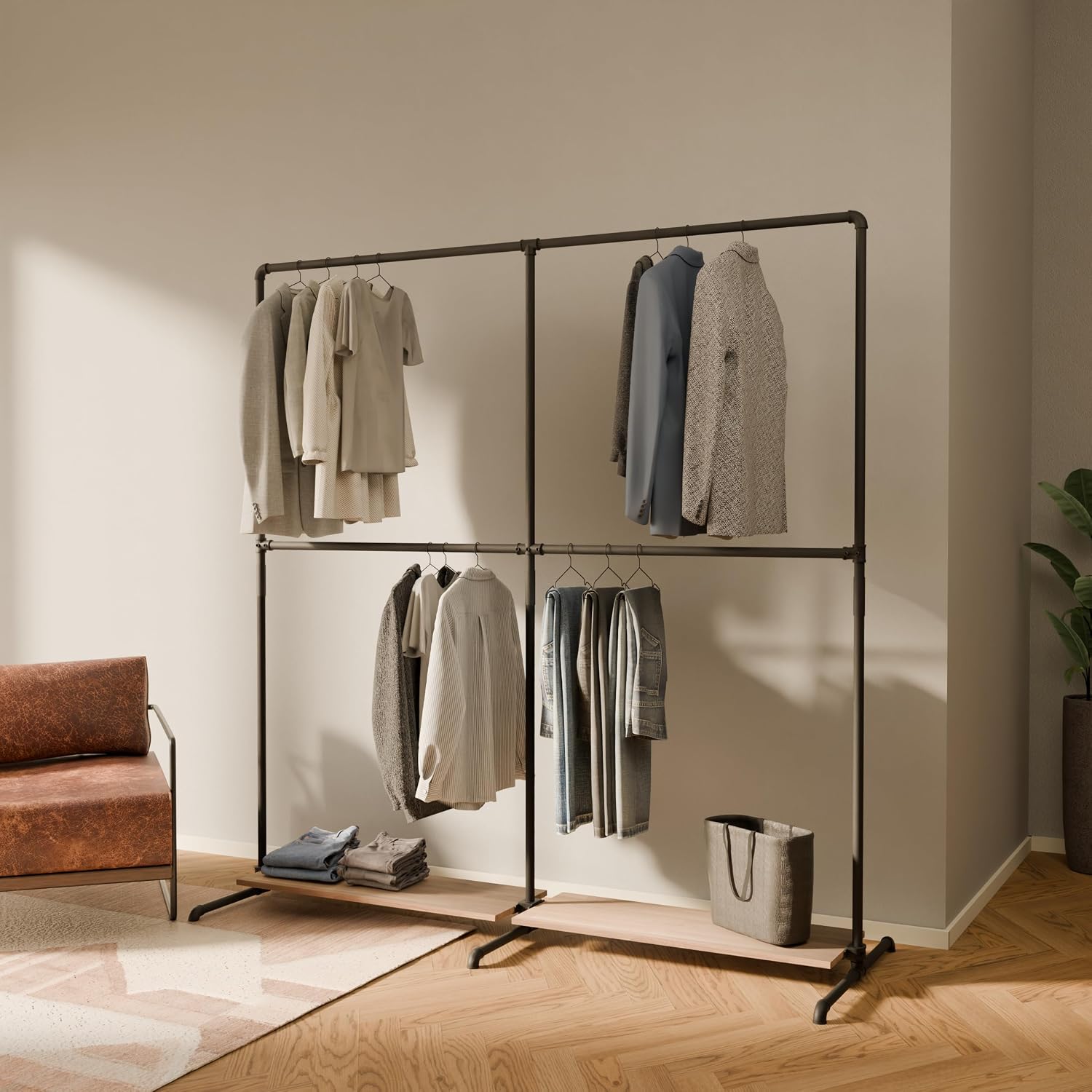 pamo Industrial Pipe Clothing Rack with Oak Shelf – 76' W x 76' H – Freestanding Metal Garment Rack for Bedroom, Walk-In Closet & Retail