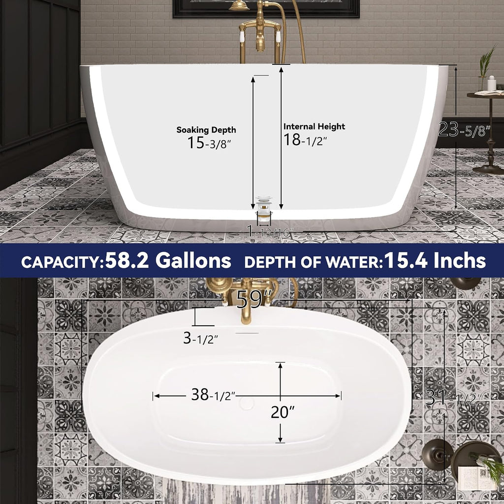 59' Acrylic Free Standing Tub, Stand Alone Tub, Freestanding Bathtub, Soaking Bathtub, cUPC Certified, YL(Glossy White)