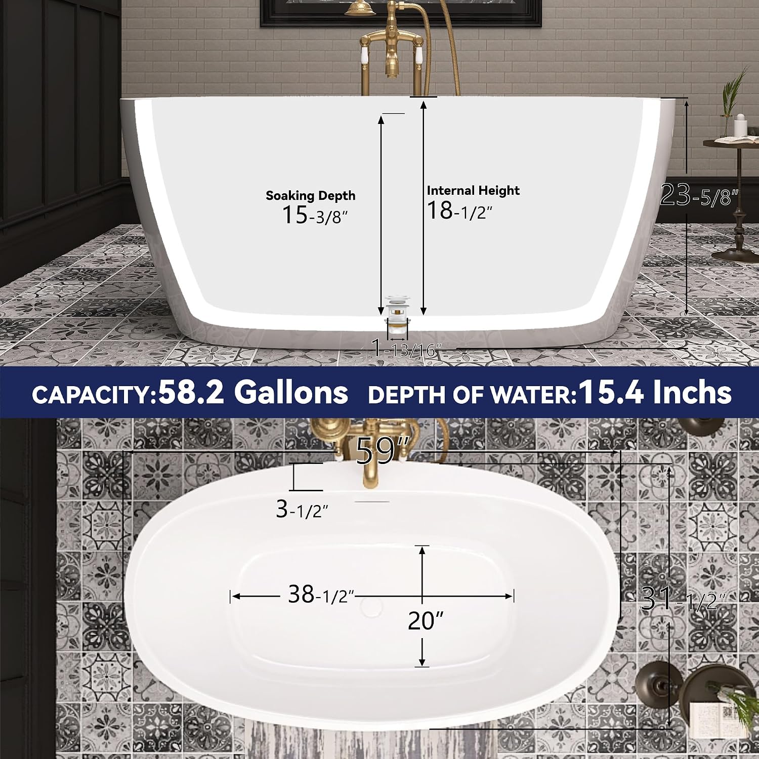 59' Acrylic Free Standing Tub, Stand Alone Tub, Freestanding Bathtub, Soaking Bathtub, cUPC Certified, YL(Glossy White)