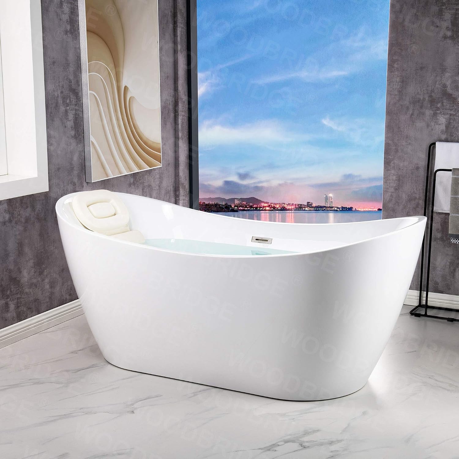 WOODBRIDGE 67' Acrylic Freestanding Bathtub Contemporary Soaking Tub, White Acrylic (Brushed Nickel Drain/Overflow),B-0010 B/N-Drain &O