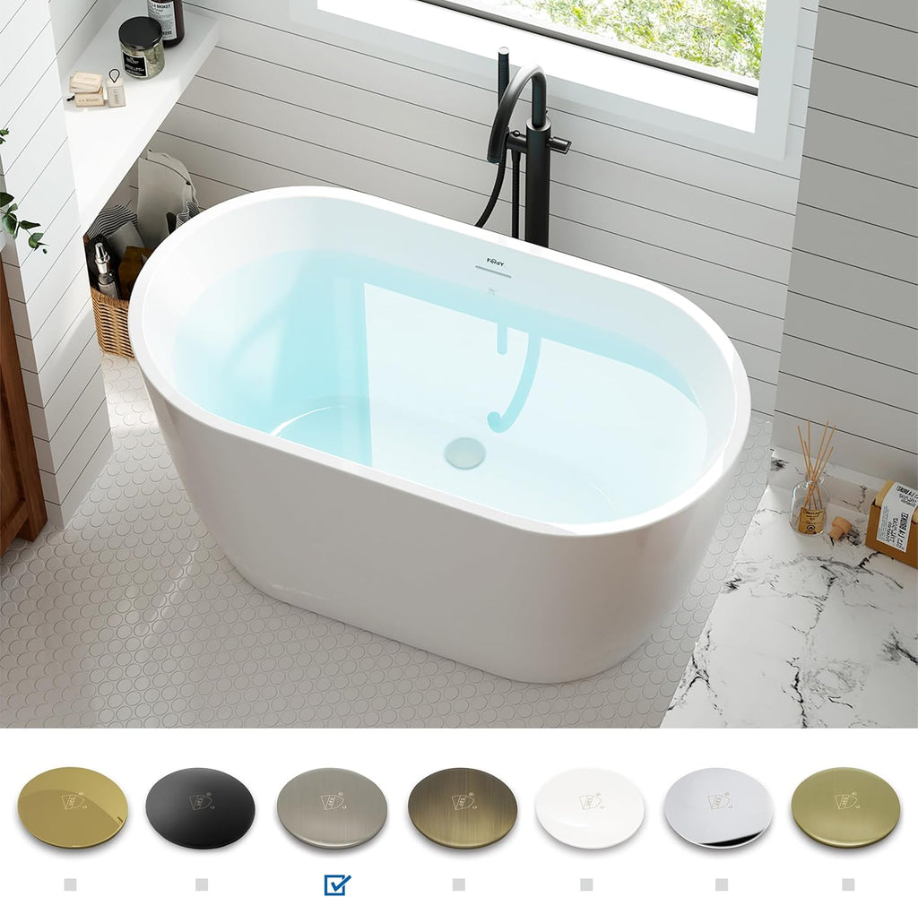 FerdY 47' Acrylic Freestanding Bathtub, Contemporary Soaking tub with Brushed Nickel Drain & Overflow, cUPC Certified, Elegant Oval Shape, Bali