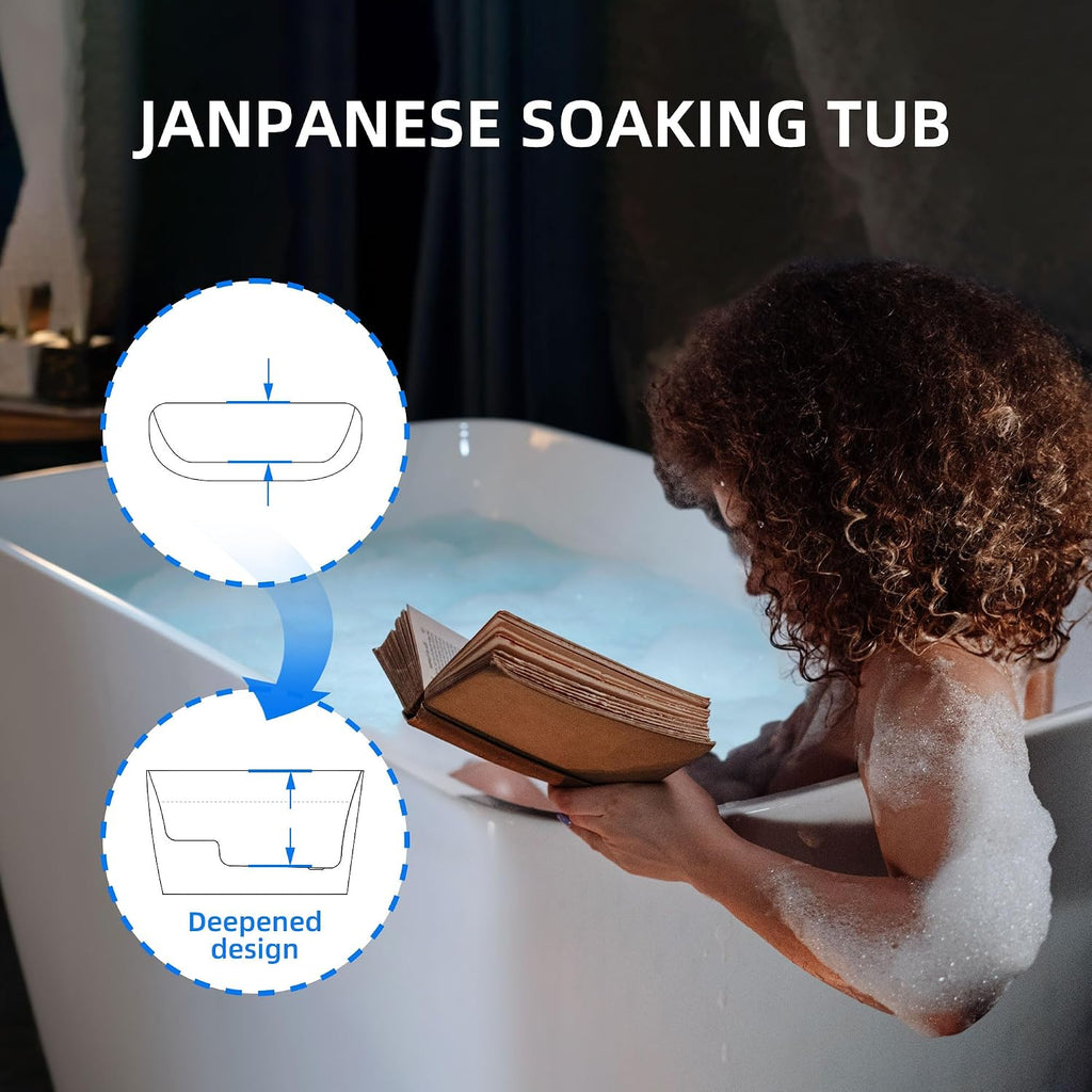 WOODBRIDGE 48' Acrylic Freestanding Square Shape Janpanese Soaking Tub with Pre-molded Seat and Brushed Gold Pop-Up Drain and Overflow Option, White,B0070-BG