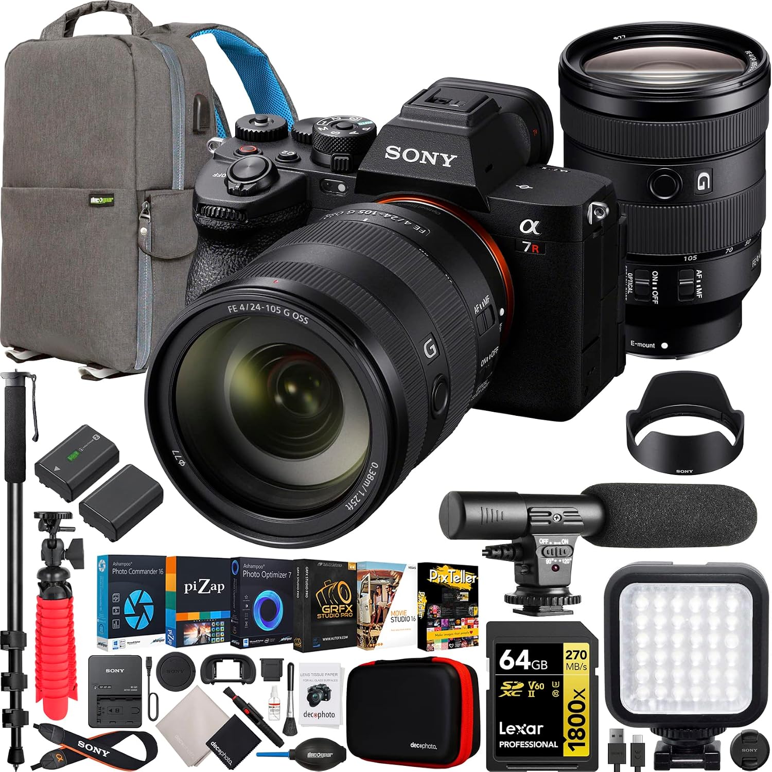 Sony a7R V Full Frame Mirrorless Camera Body with FE 24-105mm F4 G OSS Zoom Lens ILCE-7RM5 + SEL24105G Bundle with Deco Gear Photography Backpack + Monopod + Extra Battery, LED and Kit Accessories