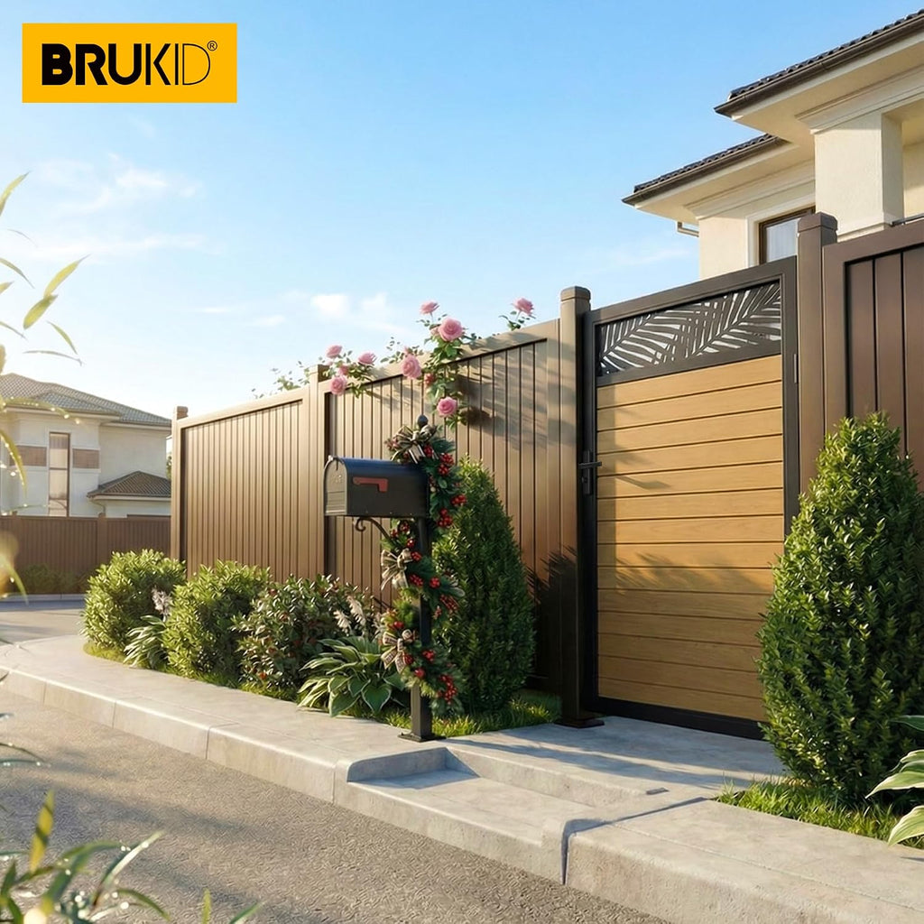 4x6 FT Aluminum Fence Gate Kit Wood Grain Aluminum Gate with Decorative Cutout, Lock & Hinges, Left/Right Opening, Weather Resistant for Yard Garden Patio