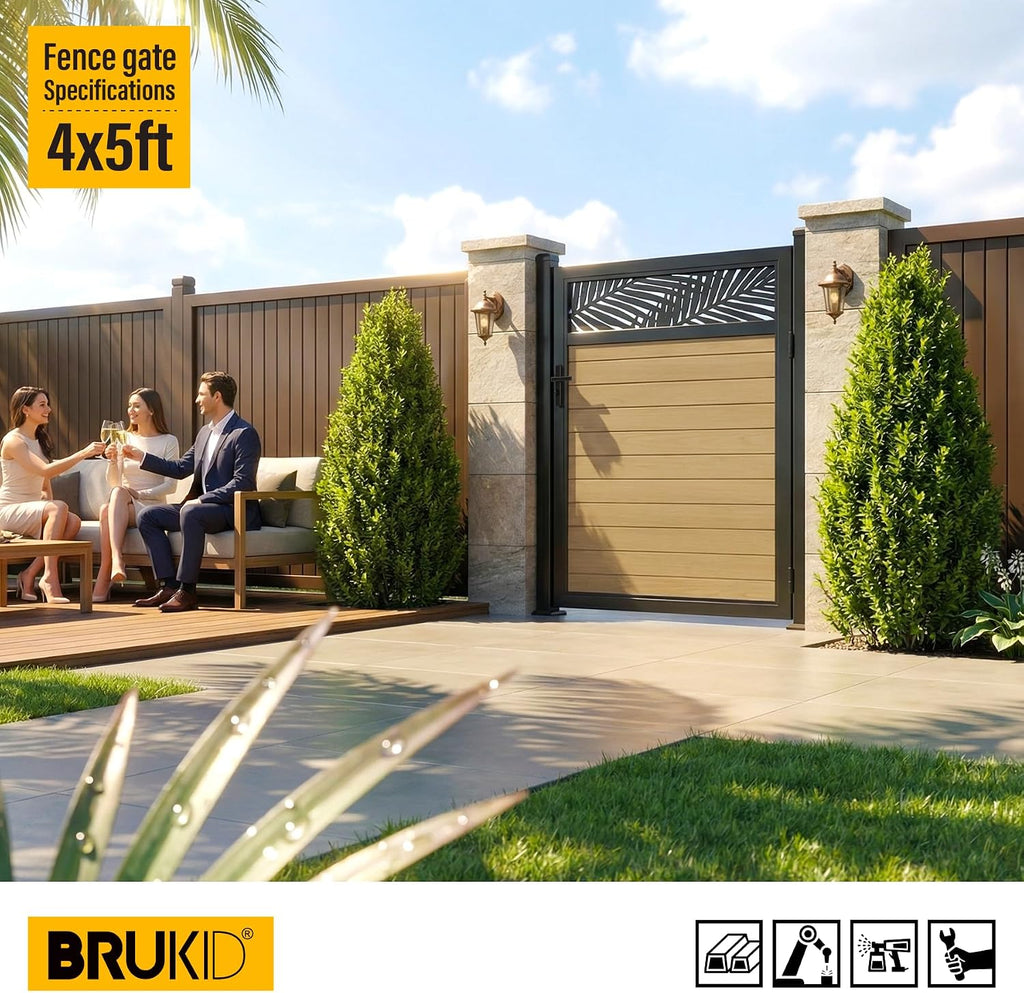 4x5 FT Aluminum Fence Gate Kit Wood Grain Aluminum Gate with Decorative Cutout, Lock & Hinges, Left/Right Opening, Weather Resistant for Yard Garden Patio