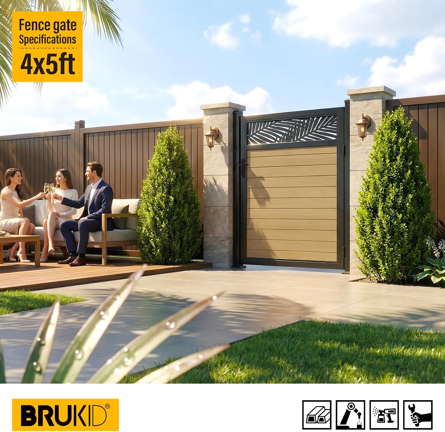 4x5 FT Aluminum Fence Gate Kit Wood Grain Aluminum Gate with Decorative Cutout, Lock & Hinges, Left/Right Opening, Weather Resistant for Yard Garden Patio