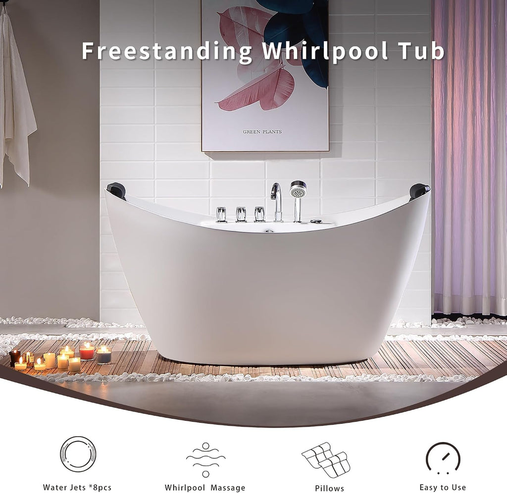 Empava 59 inch Acrylic Freestanding Tub Hydromassage Gracefully Oval Shaped Whirlpool 8 Water Jets Soaking SPA, Double-Ended Massage Bathtub with 2 Black Pillows, White