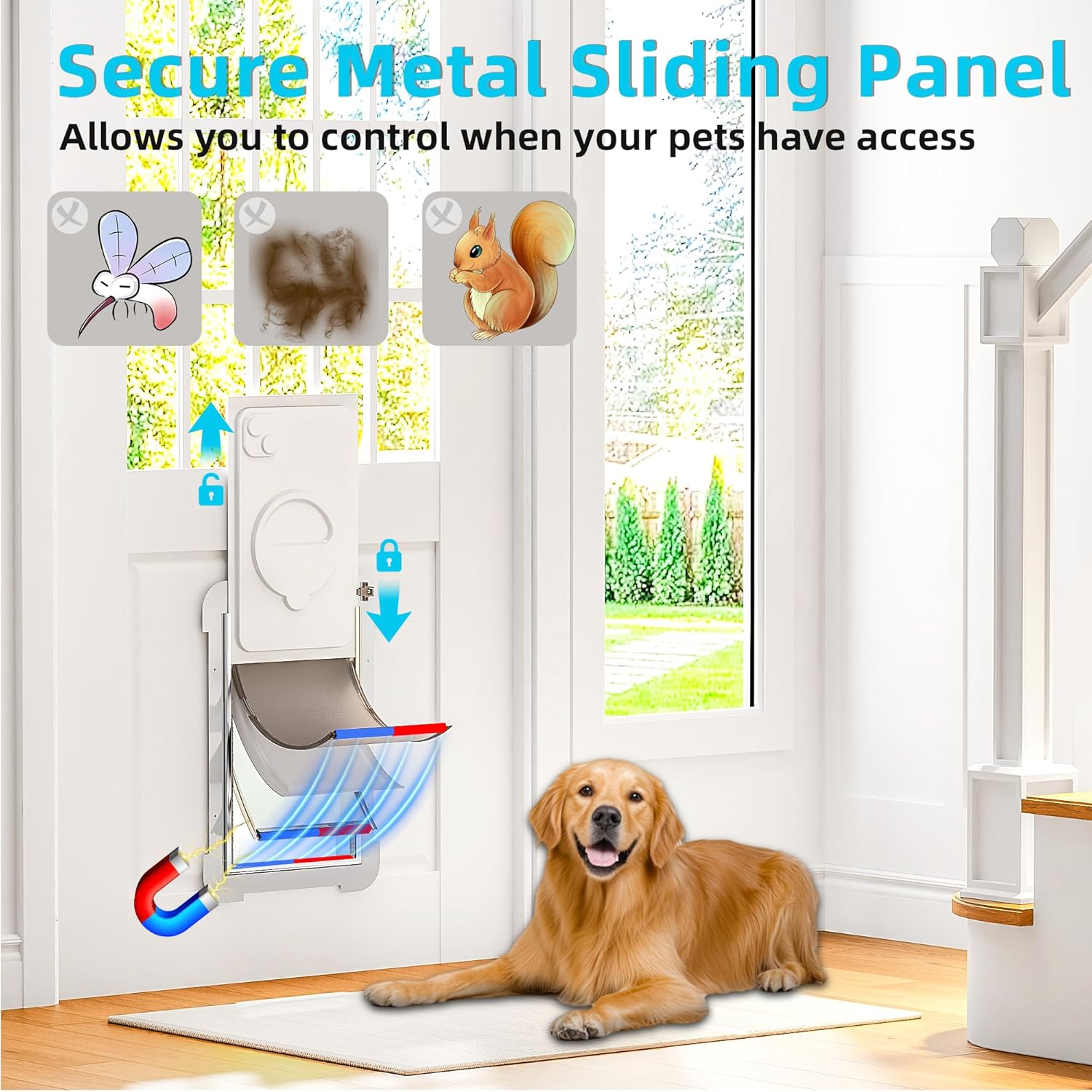 3-Flap Steel Large Dog Door for Exterior Doors with Sliding Lock Panel, Energy-Efficient Insulated Pet Door, Extreme Weather Doggy Door with Telescoping Tunnel, Never Rust（Pets Up to 100 Lb）