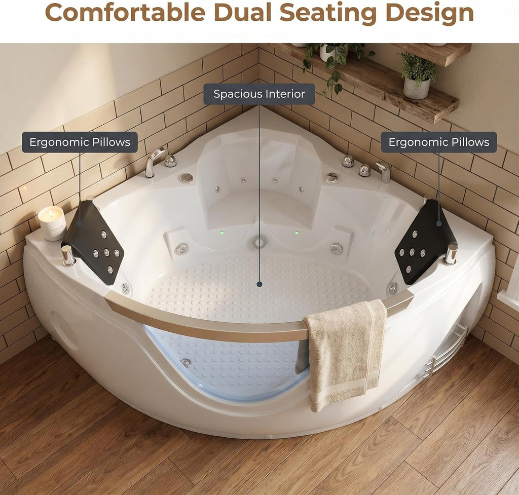 59' Corner Whirlpool Bathtub with 20 Multi-Directional Jets, 110-Gallon Capacity & LED Chromotherapy Ambient Lighting for Spa-Like Relaxation,Milk White