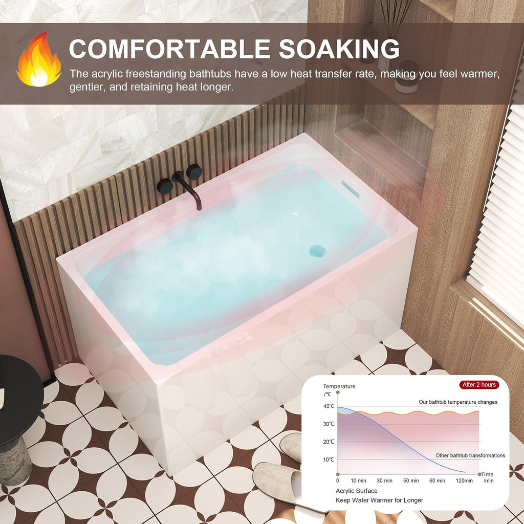 47' Acrylic Freestanding Bathtub with Seat,Deep Bathtub,Rectangle Soaking Tub with Chrome Overflow & Pop-Up Drain, CUPC Certified for Small Bathrooms