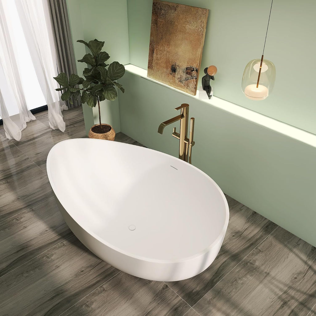 71' Premium Solid Surface Freestanding Bathtub, Unique Oval Stone Resin Tub with Overflow and Pop-up Drain, Matte White