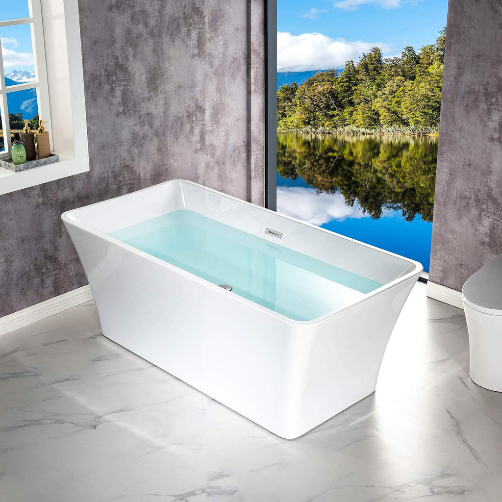 WOODBRIDGE 59'Freestanding White Acylic Soaking Bathtub with Chrome Drain and Overflow,BTA1509 -C-Drain &O