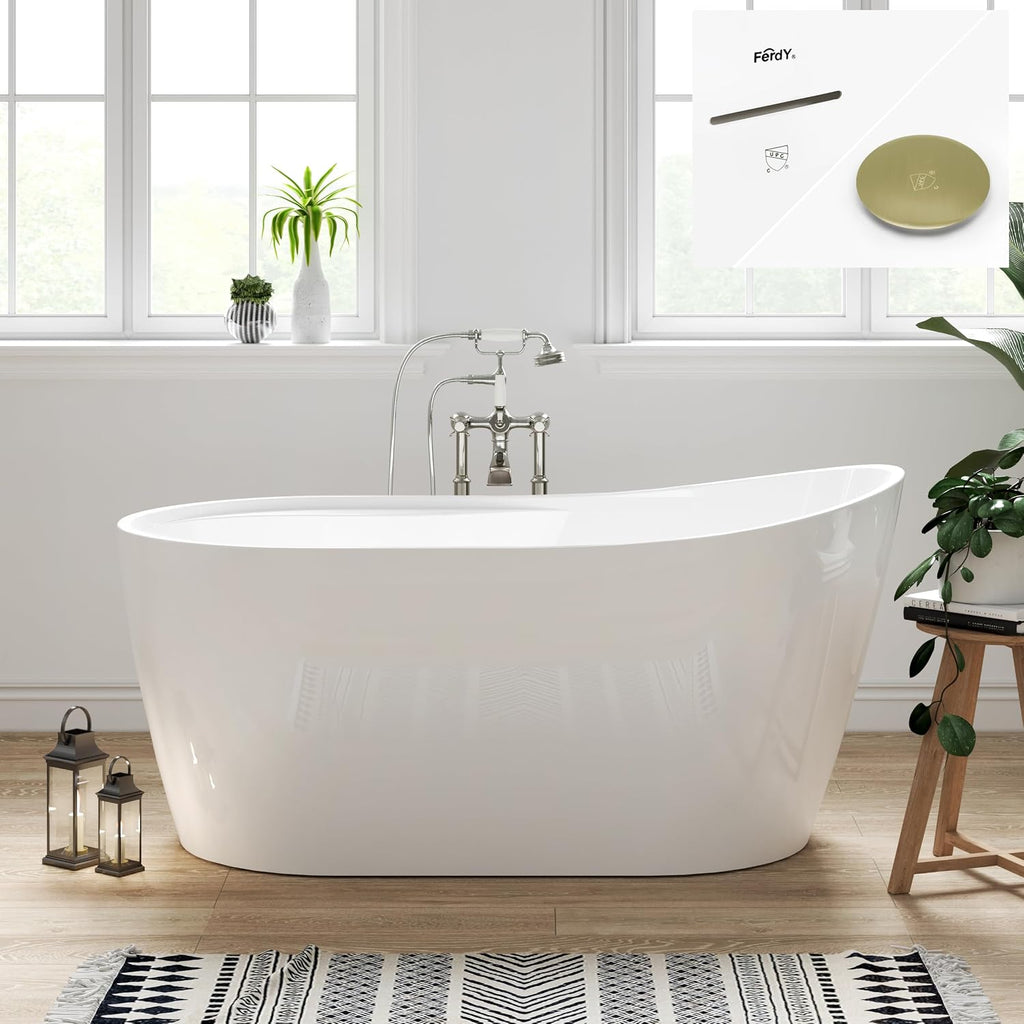 FerdY Lana'i 60' Freestanding Bathtub, Gracefully Shaped Freestanding Soaking tub, cUPC Certified, Brushed Gold Drain Assembly Included