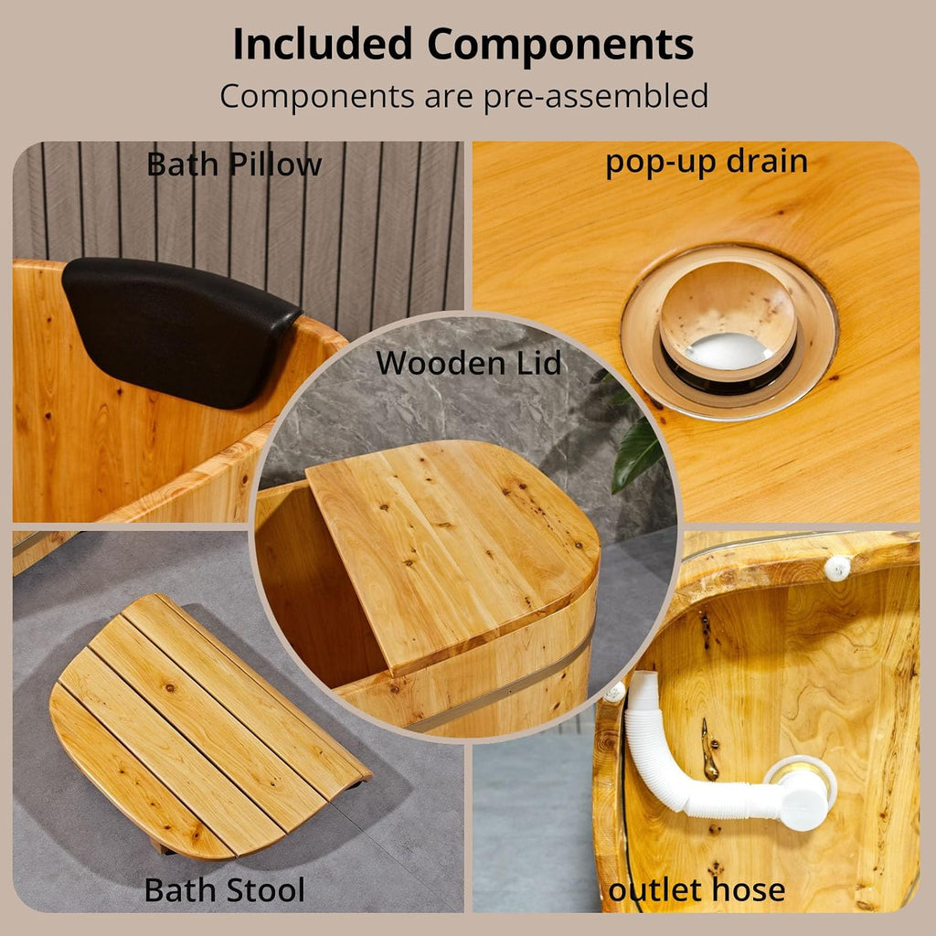 With Lid Japanese Soaking Tub Handcrafted Cedar Freestanding Wooden Bathtub Deep Soaking Tub Small Bathroom Tub Space Saving and Easy to Move STB03901 34' Hot Tub
