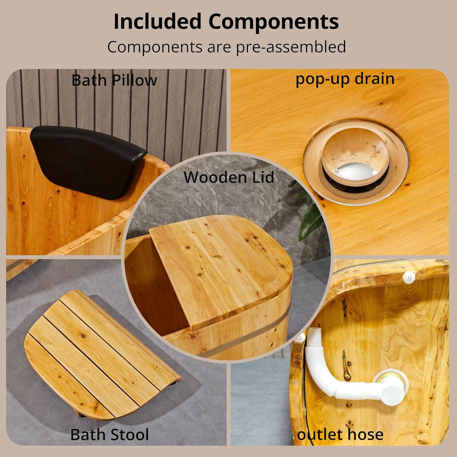 With Lid Japanese Soaking Tub Handcrafted Cedar Freestanding Wooden Bathtub Deep Soaking Tub Small Bathroom Tub Space Saving and Easy to Move STB03901 34' Hot Tub