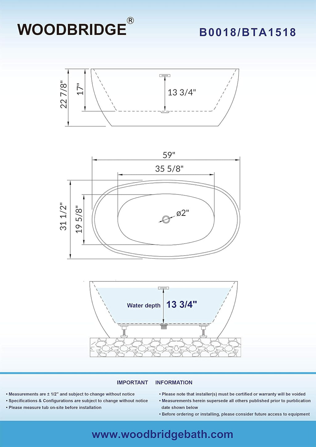 WOODBRIDGE 59'Freestanding White Acylic Soaking Bathtub with Matte Black Drain and Overflow,BTA1518 -MB-Drain &O