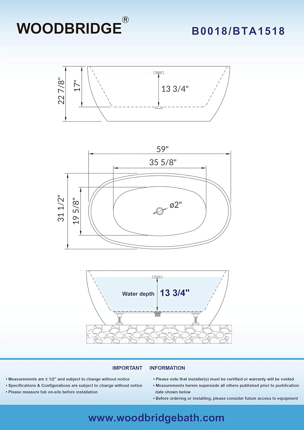 WOODBRIDGE 59'Freestanding White Acylic Soaking Bathtub with Matte Black Drain and Overflow,BTA1518 -MB-Drain &O