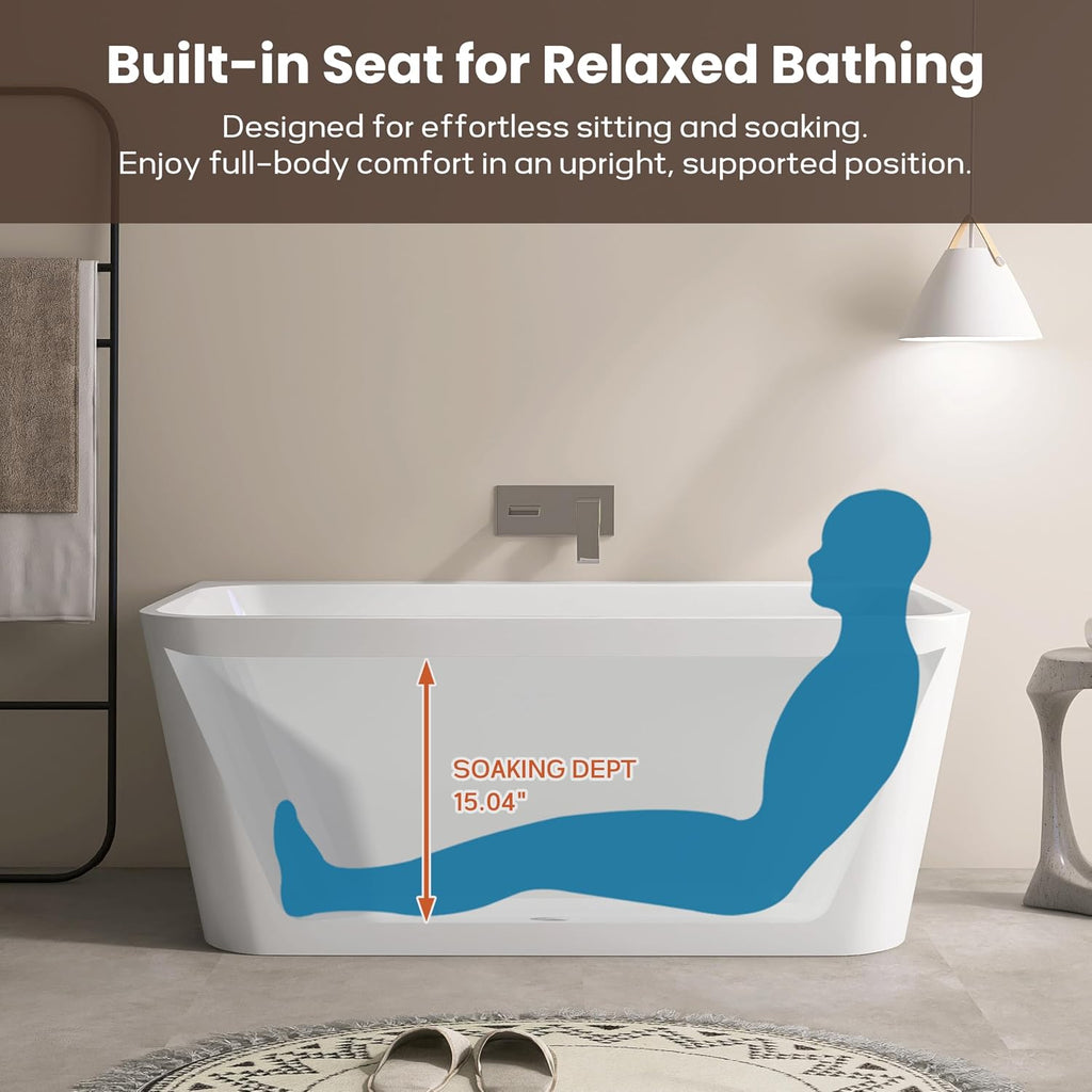 SJ STAR&JANE 55 Inch Acrylic Freestanding Bathtub,Modern Back to Wall Soaking Tub, Stand alone Acrylic Tub Integrated Center Drain & Overflow, Glossy White