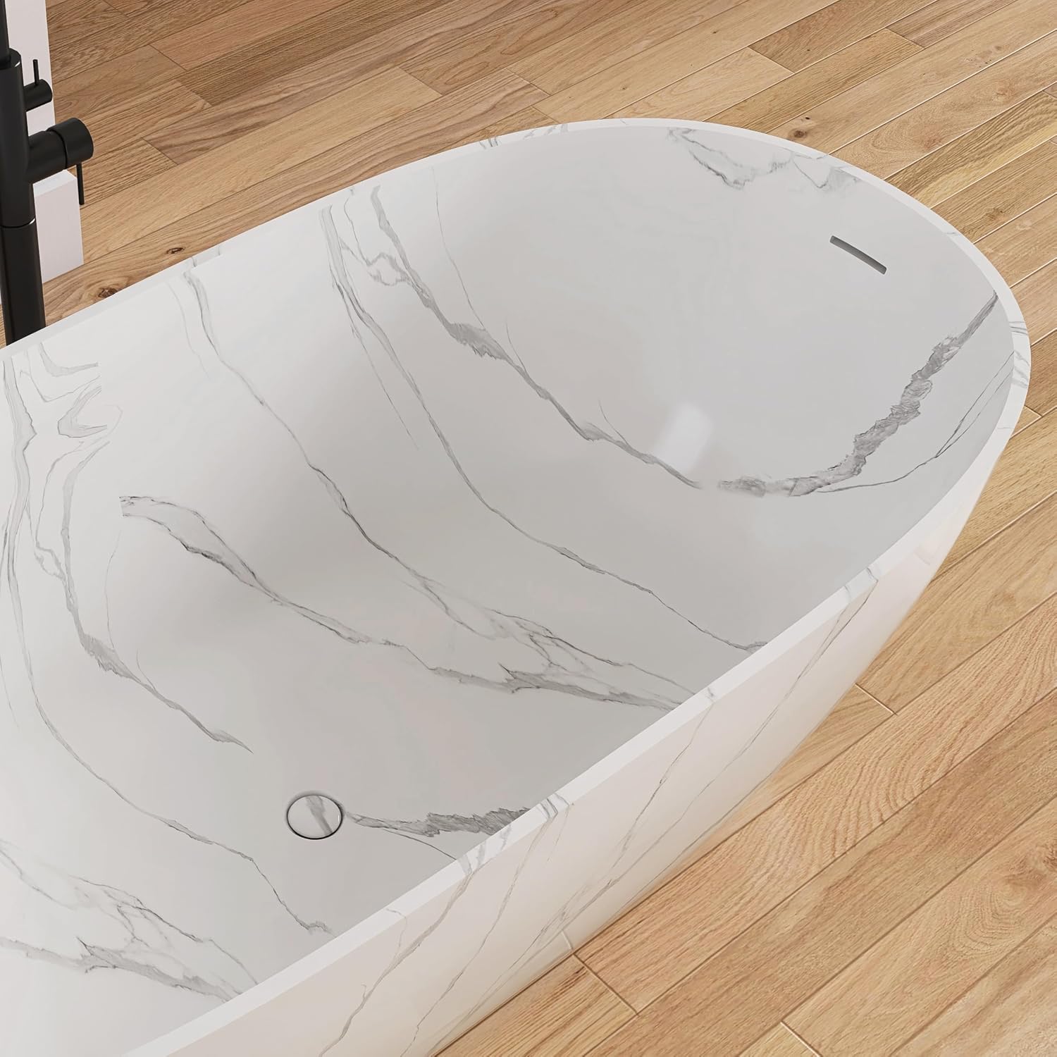 63 '' Stone Resin Freestanding Bathtub, Elegant Oval Shape Soaking Tub, Solid Surface Stand Alone Bathtub with Drain & Without overflow outlet Terrazzo Beige