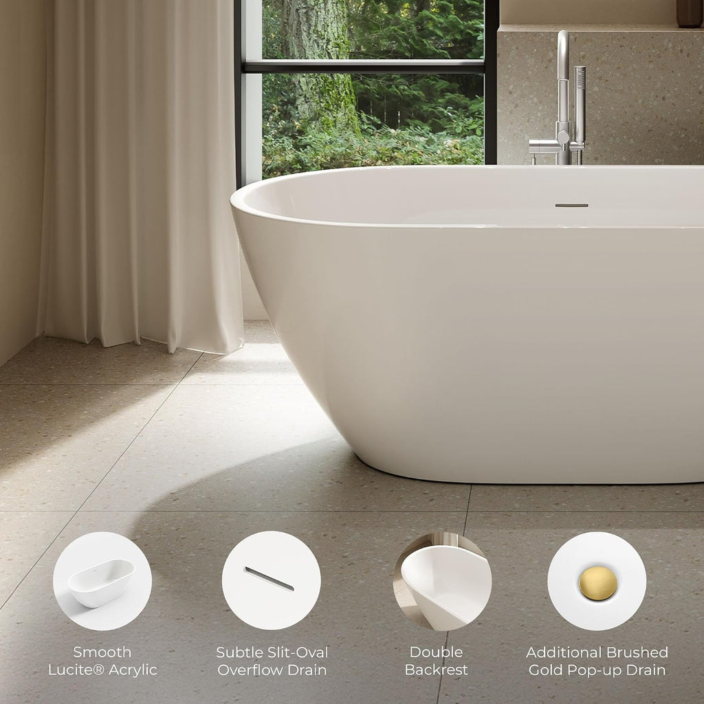 OVE Decors Ayago 59 in. Solid Surface Freestanding White Acrylic Soaking Bathtub, with Overflow and Brushed Gold Pop-up Drain
