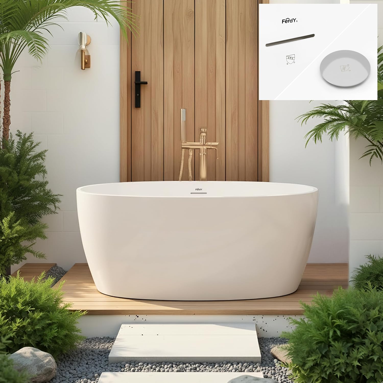 FerdY 55' Acrylic Freestanding Bathtub, Contemporary Soaking tub with Chrome Drain & Overflow, Elegant Oval Shape, cUPC Certified, Tahiti