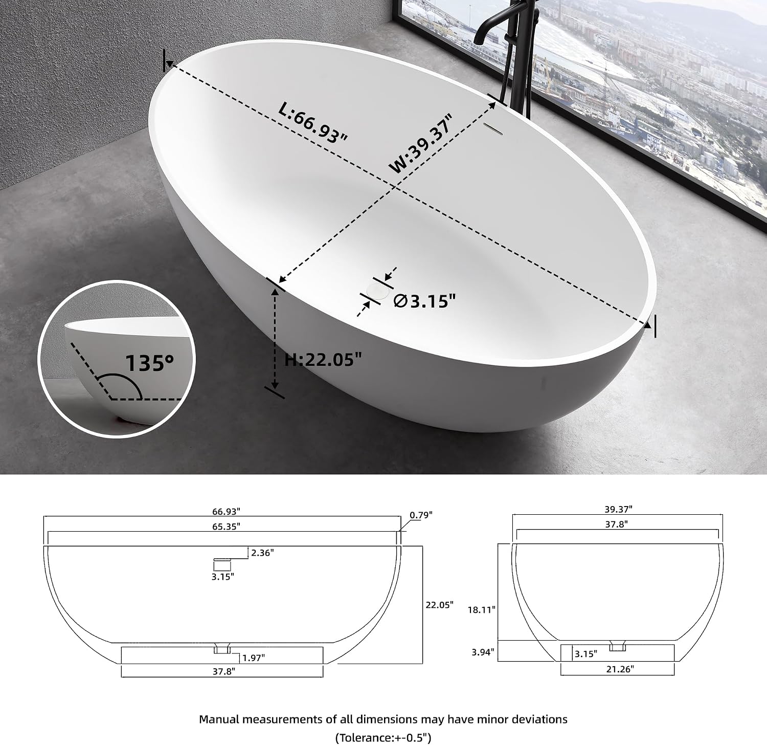 67'' Freestanding Soaking Bathtub Stone Resin Deep Bathtub Modern Bathtub Deep Soaking Bathtub with Overflow and Pop-up Drain…