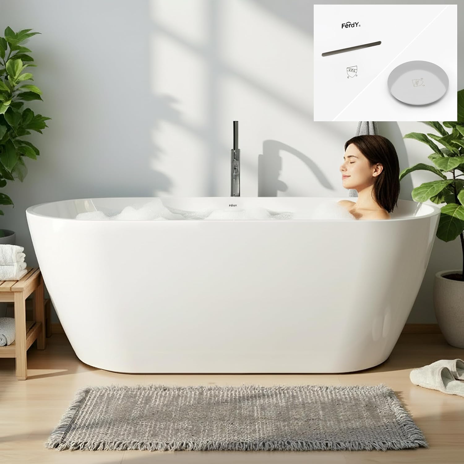 FerdY 67' Acrylic Freestanding Bathtub, Contemporary Soaking tub with Chrome Drain & Overflow, cUPC Certified, Elegant Oval Shape, Bali