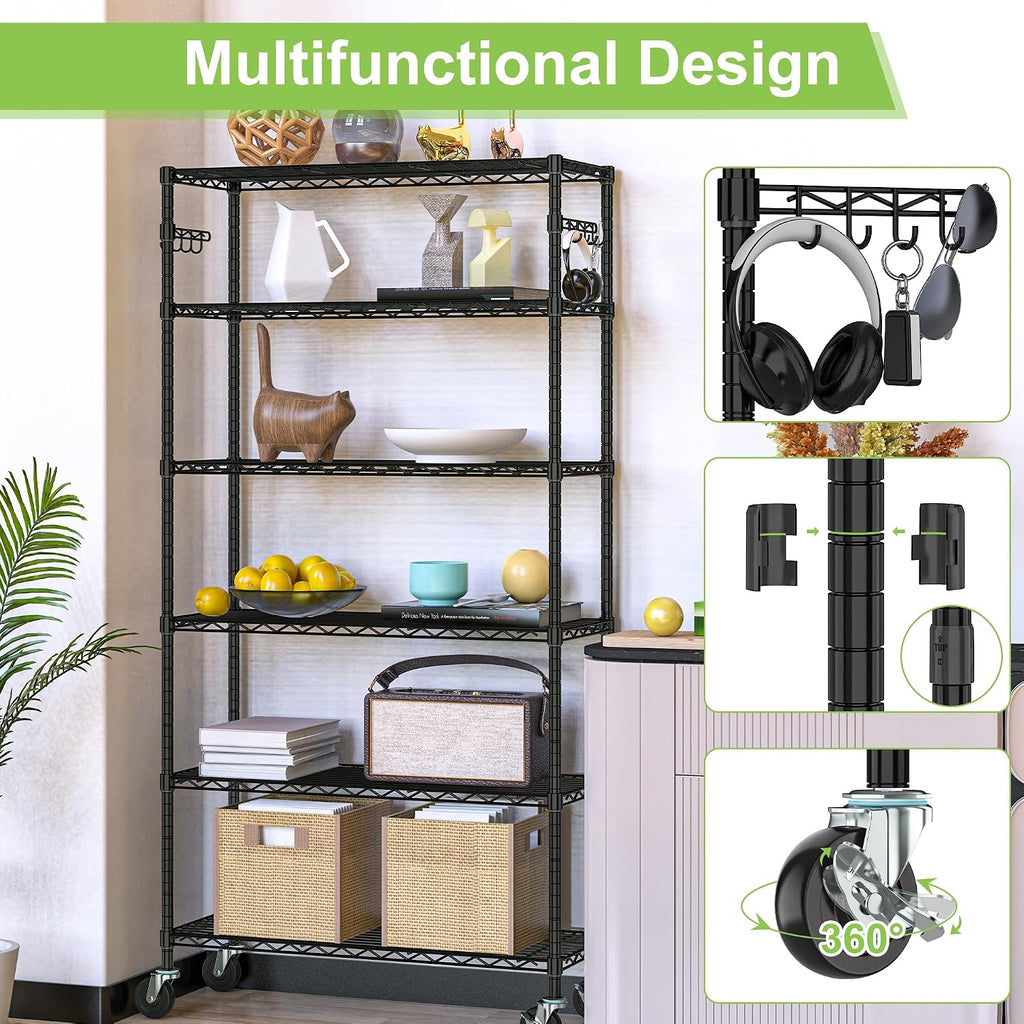 Heavy Duty Wire Metal Shelving with Wheels 6 Tier Garage Storage Utility Rolling Shelves Rack Unit Industrial Adjustable Sturdy Shelving for Kitchen Garage Pantry Bathroom Laundry
