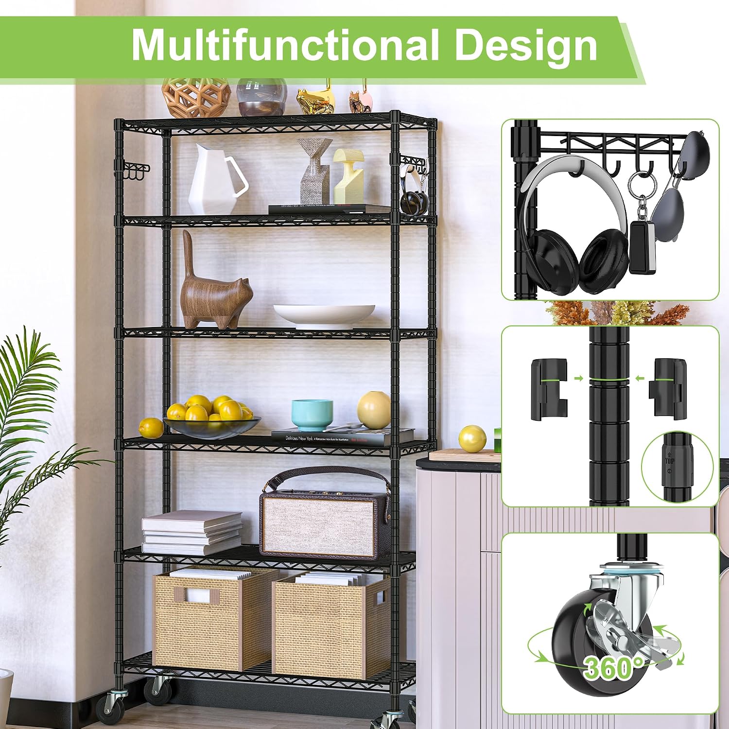 Heavy Duty Wire Metal Shelving with Wheels 6 Tier Garage Storage Utility Rolling Shelves Rack Unit Industrial Adjustable Sturdy Shelving for Kitchen Garage Pantry Bathroom Laundry