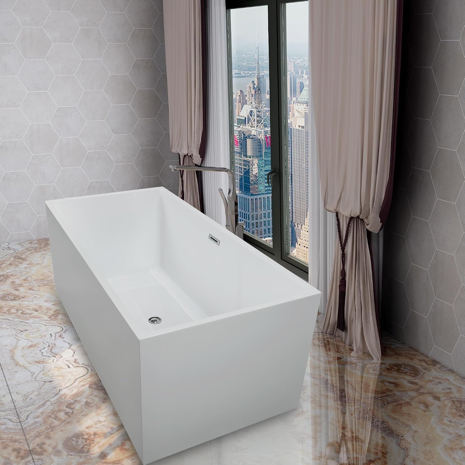 HomeBeyond 67 Inch Freestanding Tub | Acrylic Freestanding Bathtub, Square Flatbottom Freestanding Bathtub Stand Alone Tub with Pop-up Drain Overflow
