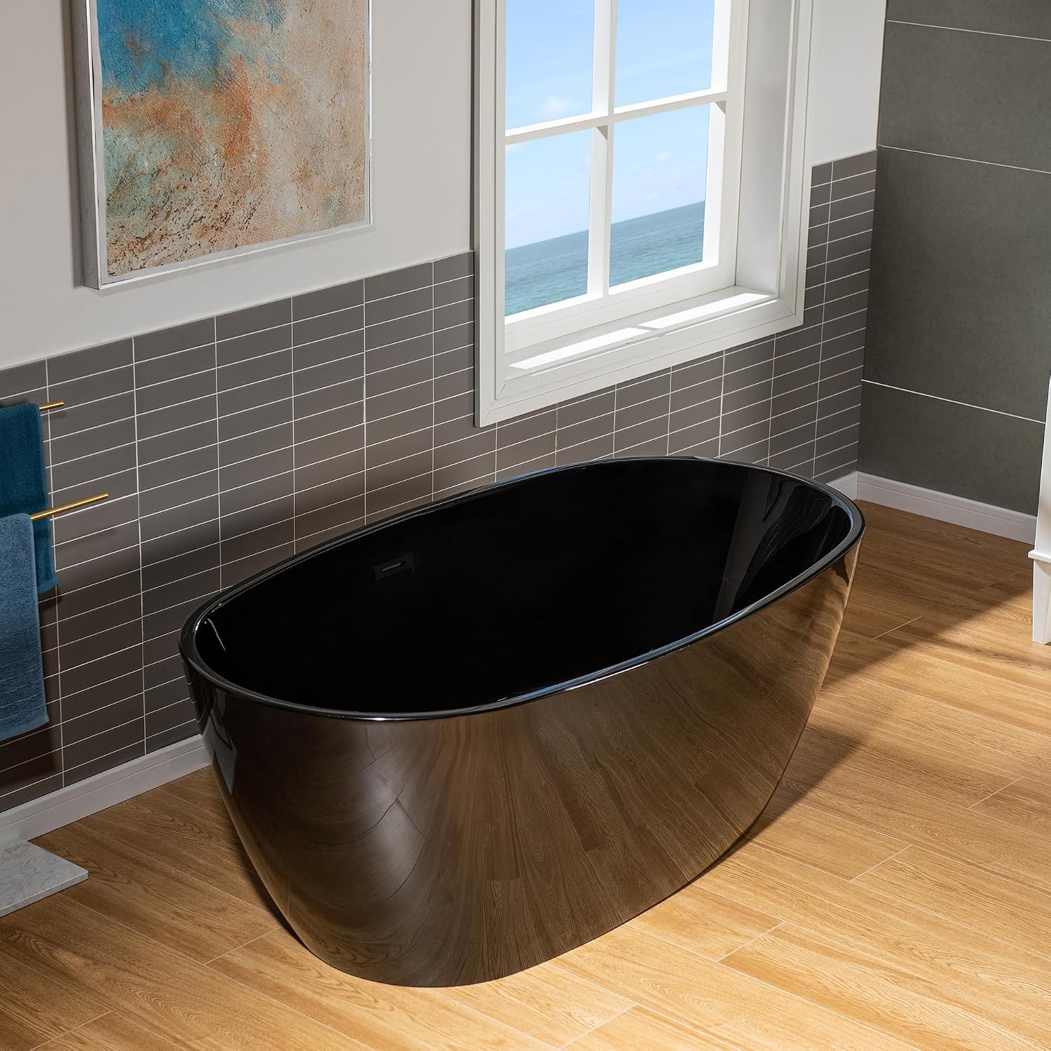 WOODBRIDGE 59' L x 31-1/2' W Freestanding Modern Acrylic Soaking Bathtub in Glossy Black Inside and Matte Black Drain & Overflow