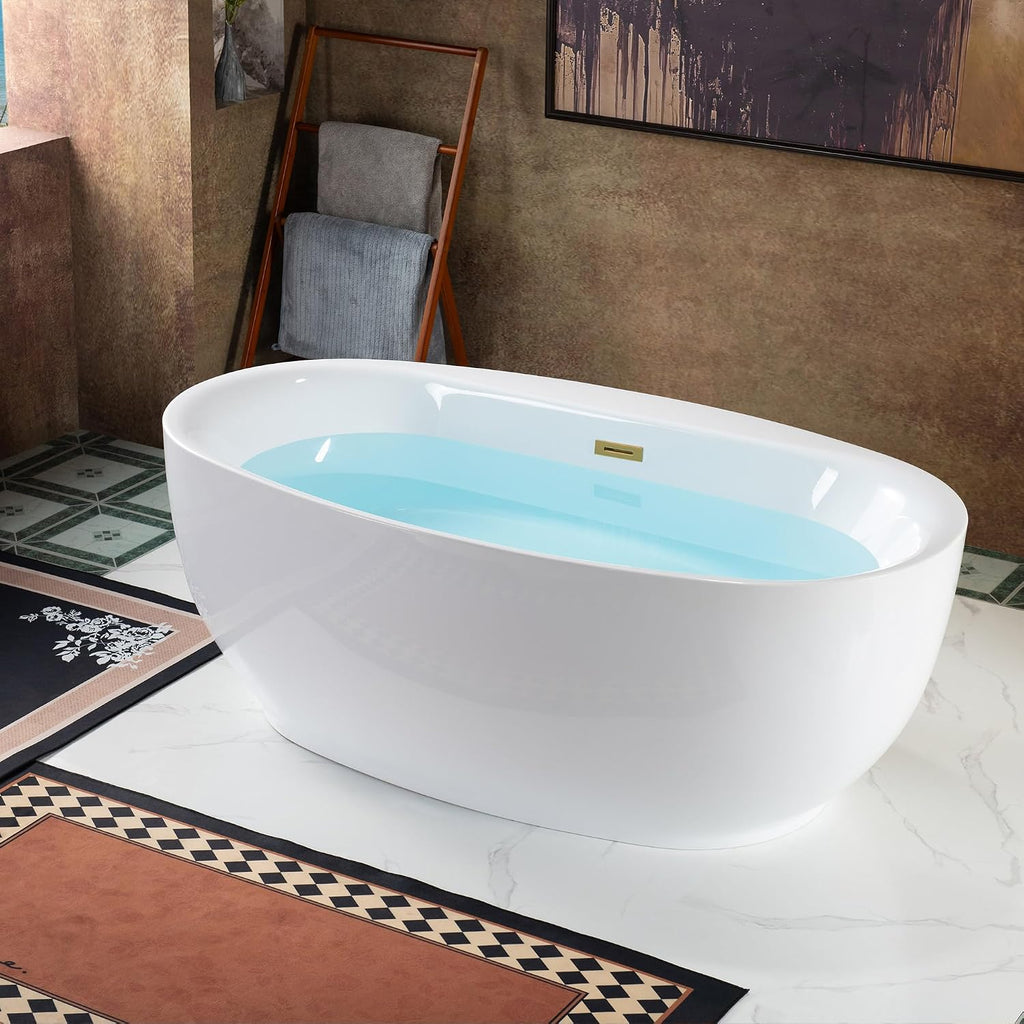 WOODBRIDGE 66' Acrylic Freestanding Bathtub Contemporary Soaking White Tub with Brushed Gold Overflow and Drain，B0027-BG