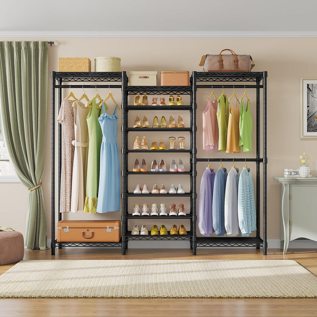 VIPEK S3 Heavy Duty Garment Rack Freestanding Clothes Rack Closet Storage Organizer Large Wardrobe with 8-Tier Shoe Rack, Hanging Rod, Adjustable Shelf, 68.9' L x 15.7' W x 76.4' H, Black