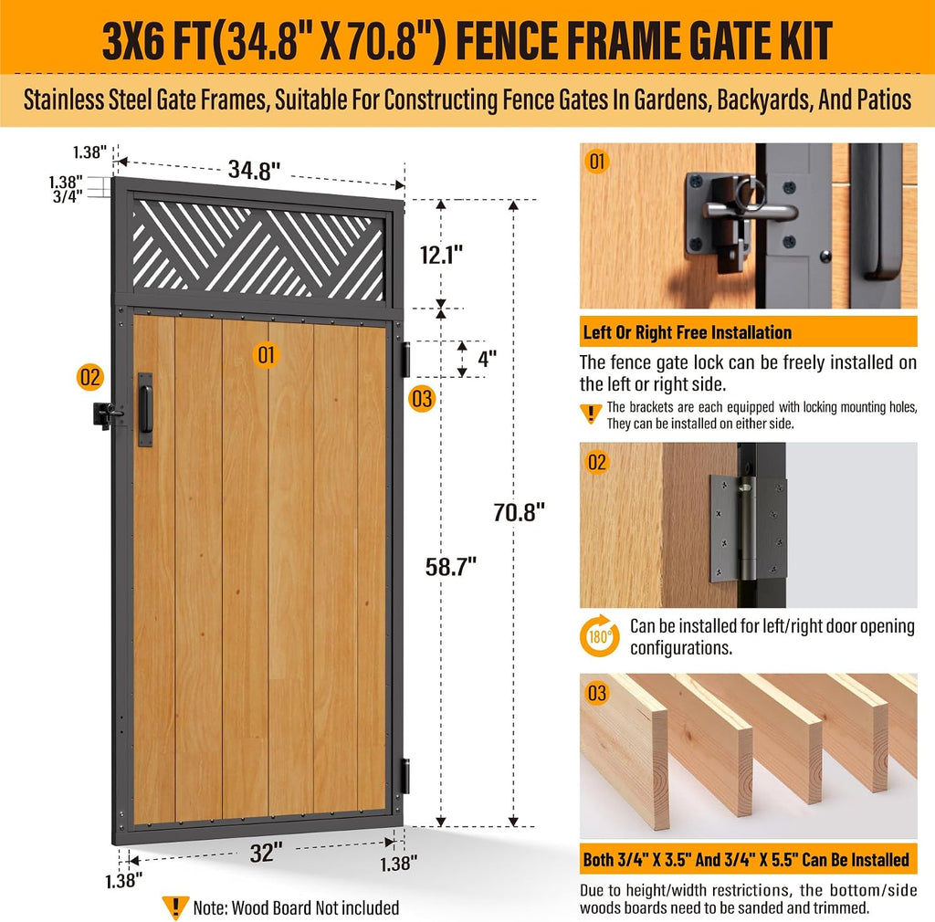 3x6FT Fence Gate Frame Kit 201 Stainless Steel Anti-Sag Heavy Duty Garden Gate Reinforcement Hardware, Left/Right Mount (No Panels Included)(34.8'W x 70.8'H)