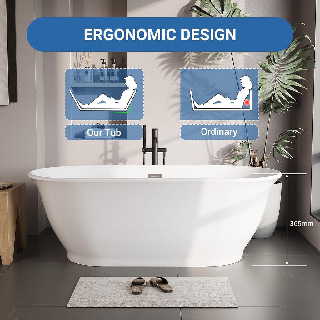 GarveeHome 59' Freestanding Bathtub, Acrylic Soaking Tub with Overflow, Matte Silver Drain, Modern Stand Alone Tub, Deep Free Standing Bath Tub for Bathroom, Hotel, Easy Install, CUPC Certified, White