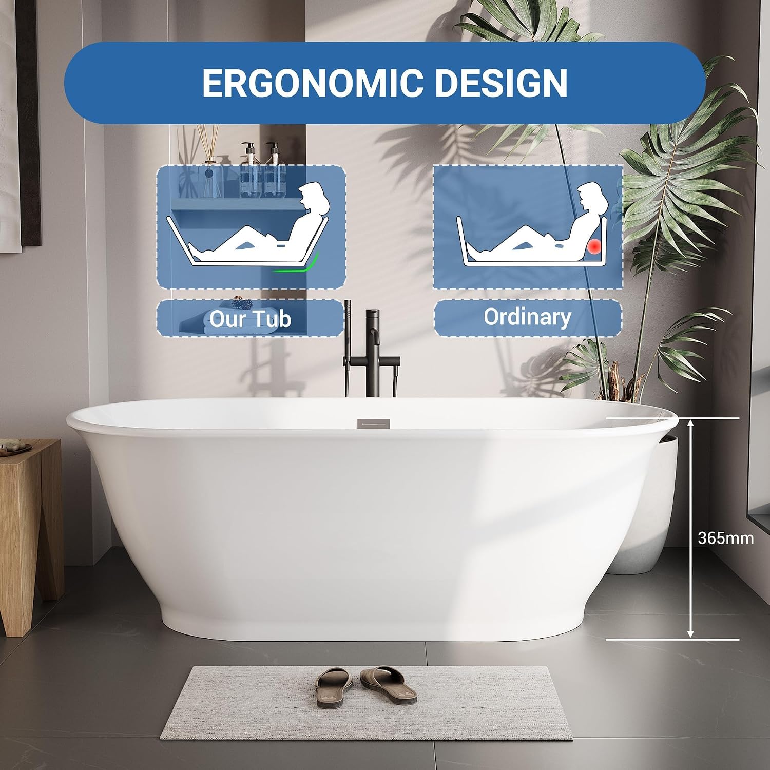 GarveeHome 59' Freestanding Bathtub, Acrylic Soaking Tub with Overflow, Matte Silver Drain, Modern Stand Alone Tub, Deep Free Standing Bath Tub for Bathroom, Hotel, Easy Install, CUPC Certified, White