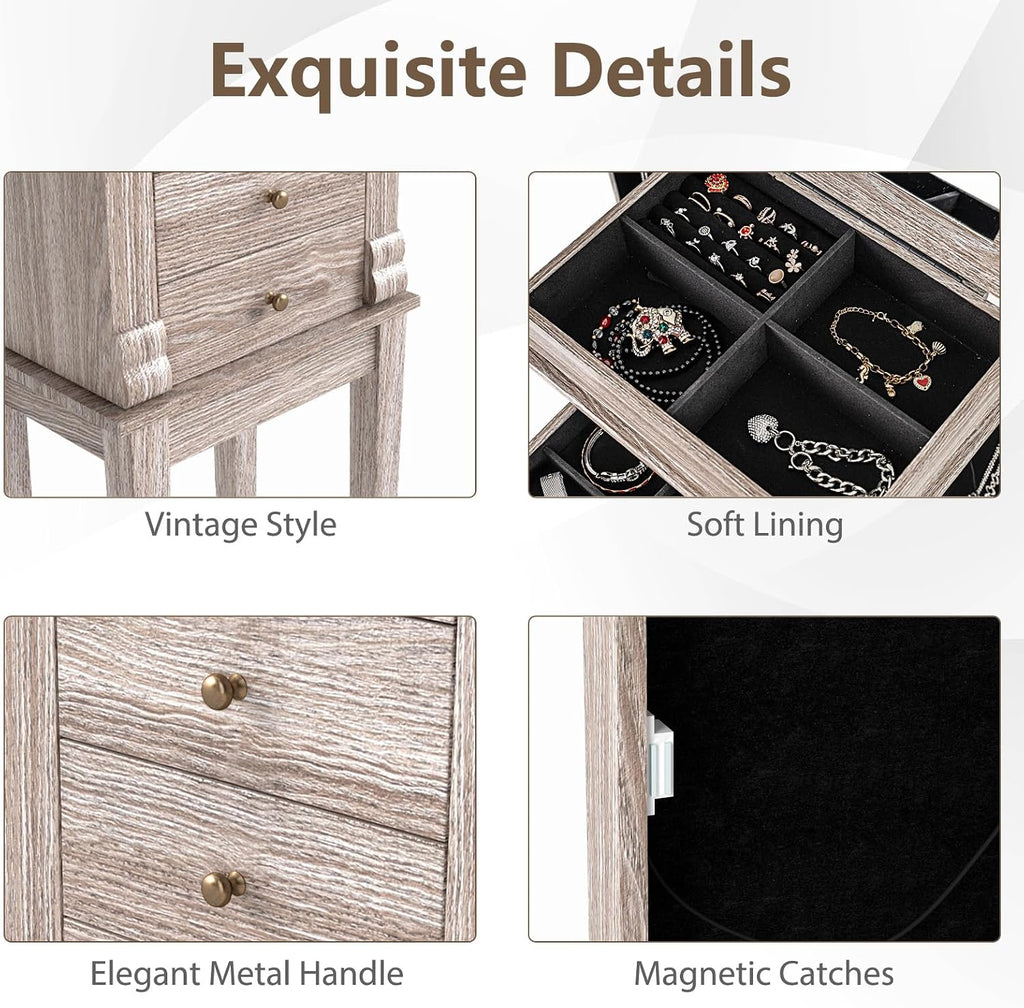 Giantex Jewelry Cabinet Armoire with Flip Top Mirror, 5 Drawers & Swing Doors, Space-Saving Jewelry Organizer for Necklaces, Rings, Bracelets, Watches, Velvet Lined, Light Gray Oak