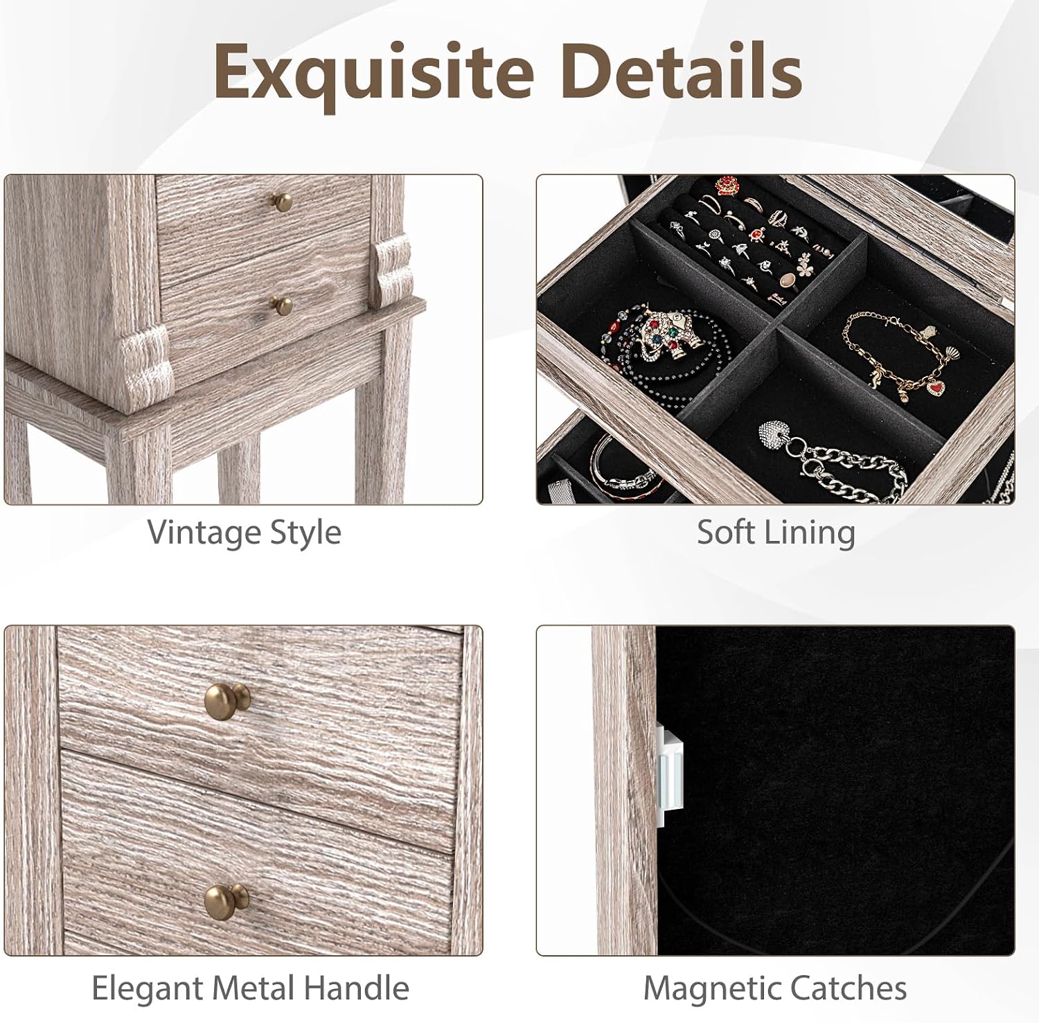 Giantex Jewelry Cabinet Armoire with Flip Top Mirror, 5 Drawers & Swing Doors, Space-Saving Jewelry Organizer for Necklaces, Rings, Bracelets, Watches, Velvet Lined, Light Gray Oak