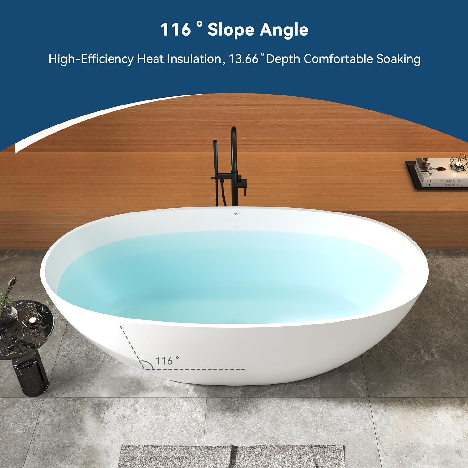 FerdY Goa 67' Resin Stone Freestanding Bathtub, Elegant Oval Freestanding Bathtub, Solid Surface Bathtub, Matte White, cUPC Certified, Minimalist Linear Design Overflow and Pop-Up Drain Pipe