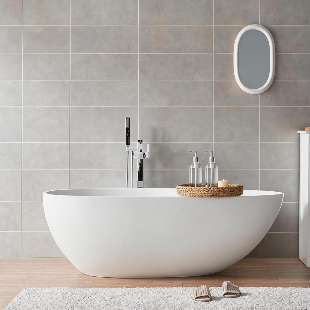 67' Freestanding Bathtub, Solid Surface Soaking Tub - Oval Egg Shell Stone Resin with Pop-Up Drain & Overflow, CUPC Certified Matte White Deep Soaking Tub with Ergonomic Design for Luxury Bathroom