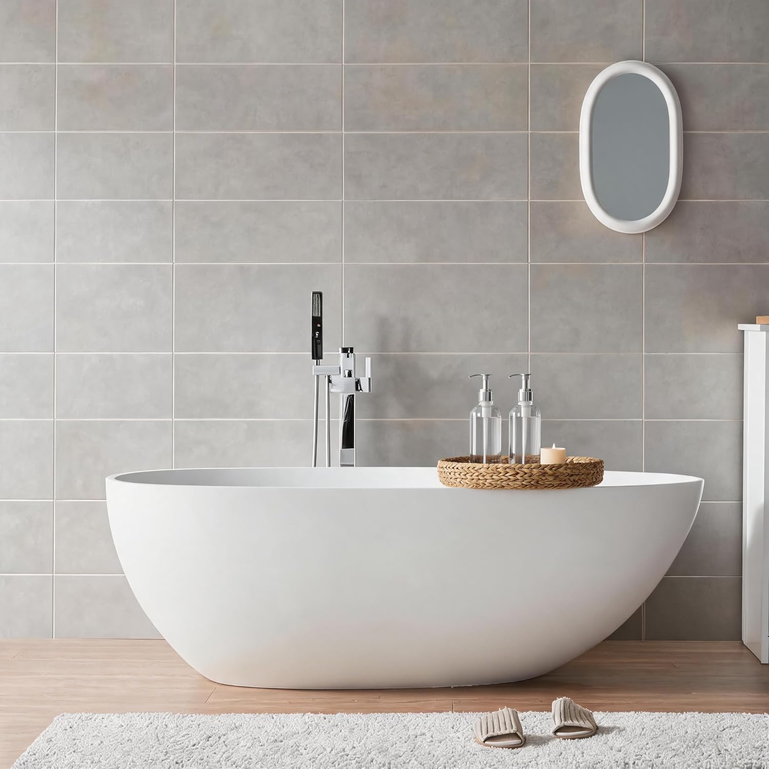 67' Freestanding Bathtub, Solid Surface Soaking Tub - Oval Egg Shell Stone Resin with Pop-Up Drain & Overflow, CUPC Certified Matte White Deep Soaking Tub with Ergonomic Design for Luxury Bathroom