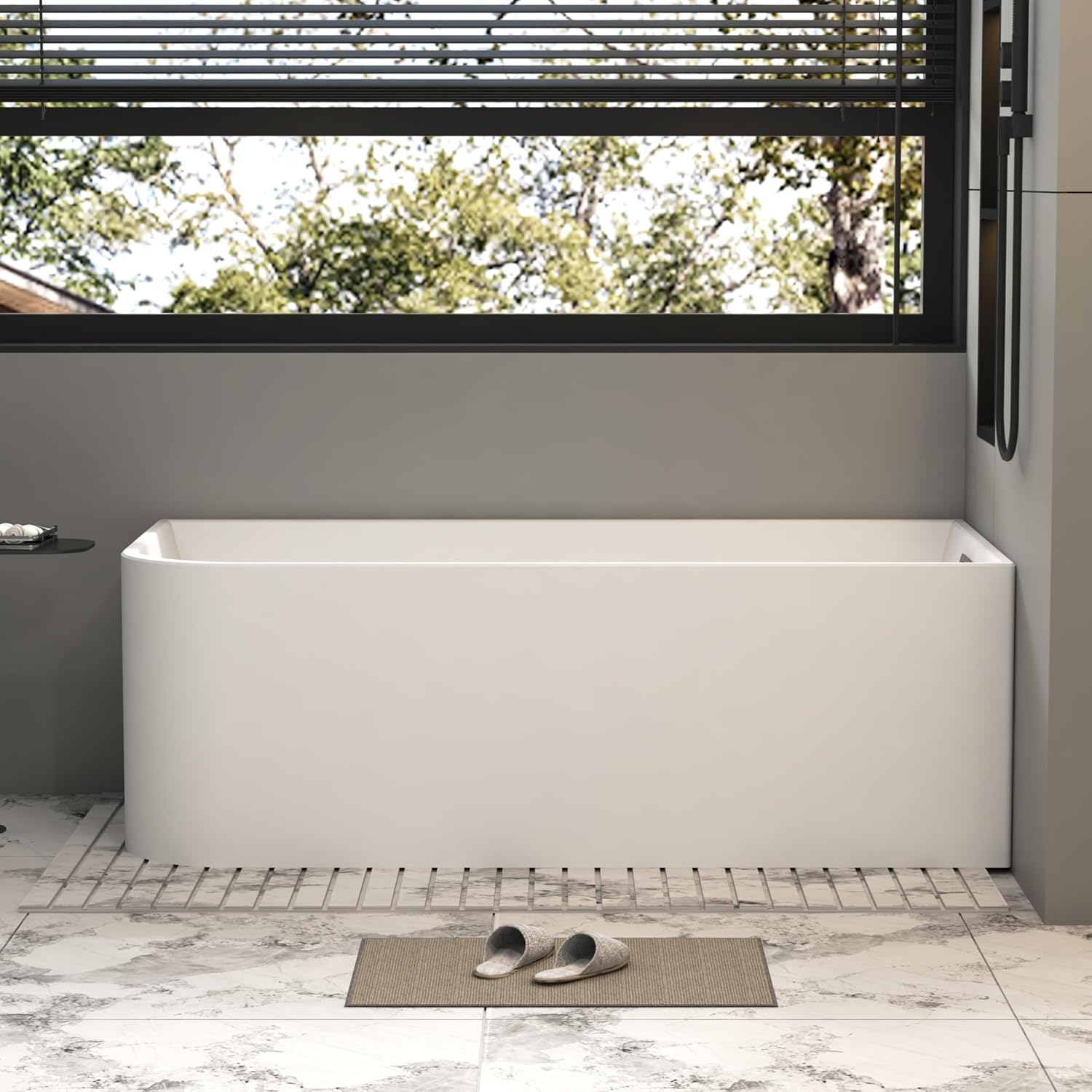 59 x 28 inch Corner Bathtub Right Drain, Modern Freestanding Soaking Tub, Deep Spa Stand Alone Acrylic Tubs with Right Hand Drain & Overflow, 59' L x 28-3/4' W, Glossy White,Sapce Saving