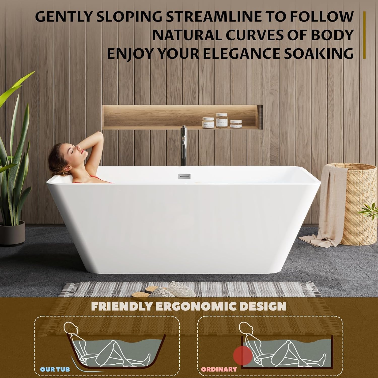59' Acrylic Freestanding Bathtub, Rectangular Soaking Tub, CUPC Certified, Chrome Drain & Linear Overflow, Stand Alone Bath Tub Easy Installation (Glossy White)