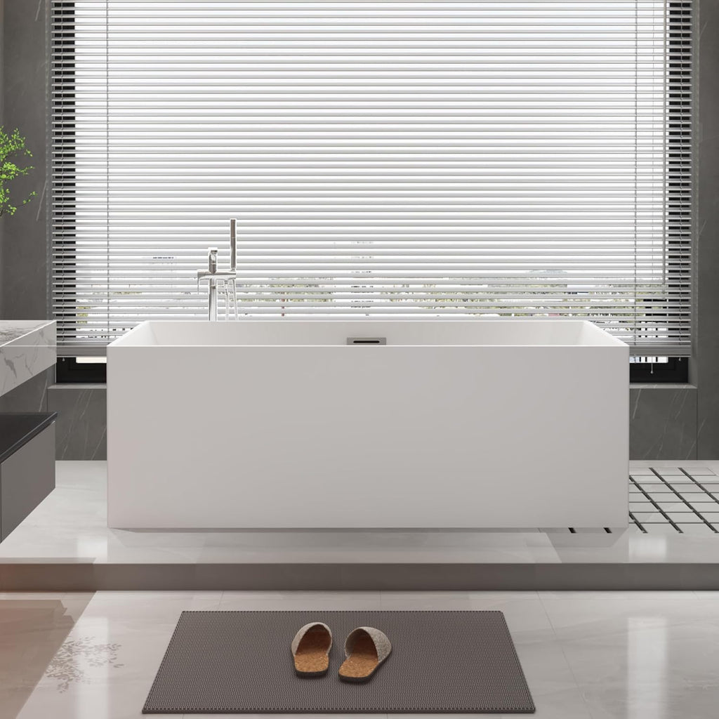 59 inch Freestanding Square Soaking Bathtub, WHALEKING Modern Integrated Seamless Alcove Stand Alone Free Standing Acrylic Tub, Back to Wall Bathtub with Center Chrome Drain & Overflow, Glossy White